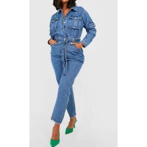 Boohoo Tall Belted Tapered Mid Blue Cargo Raw Hem Denim Boilersuit Farmer Jumper
